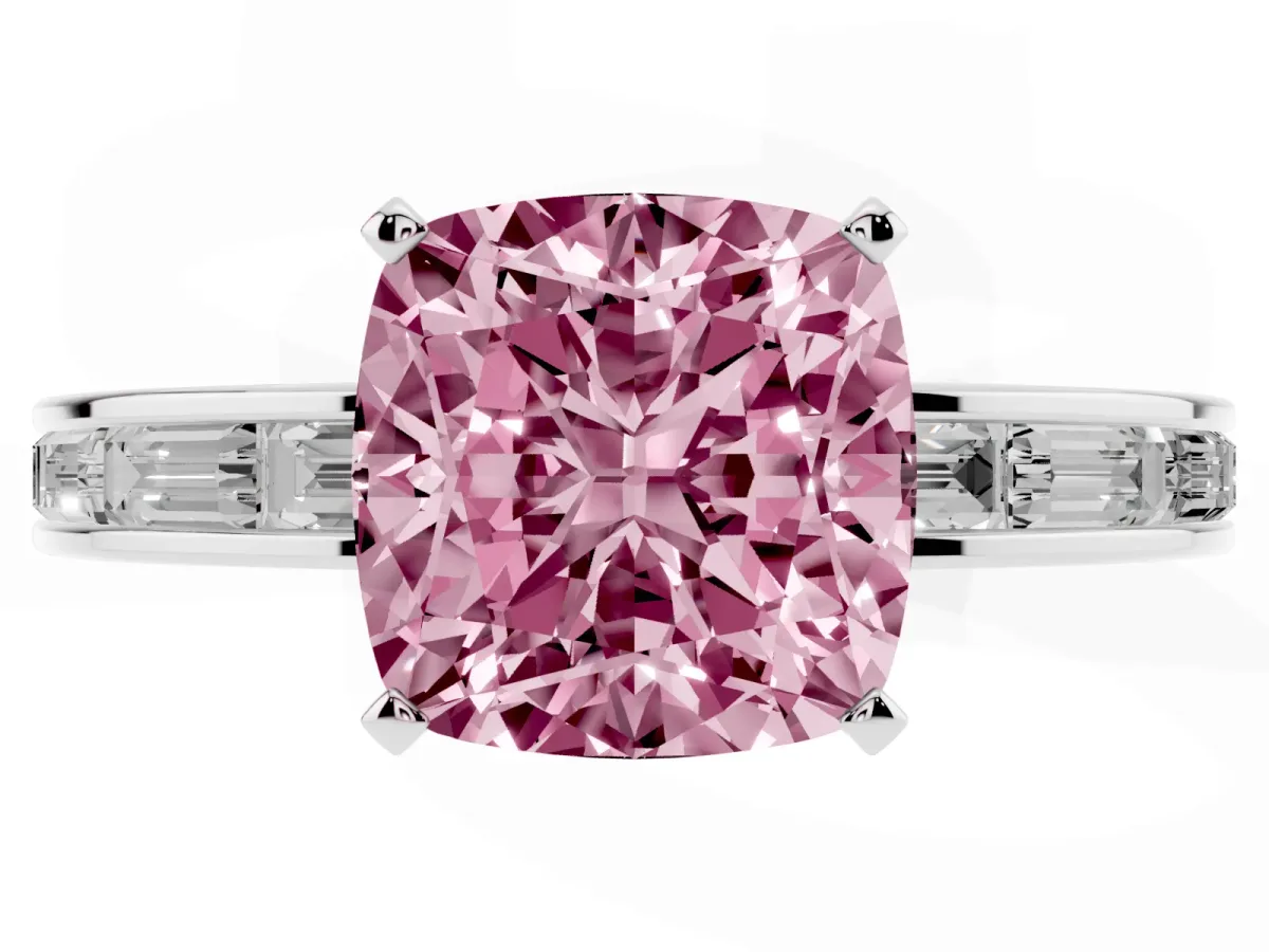 Fancy Pink Cushion Cut Solitaire Diamond Ring with Channel-Set Baguette Band and Four-Prong Setting White gold