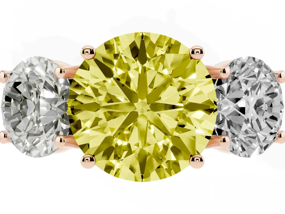 Fancy Yellow Three-Stone Round Cut Diamond Pavé Band with Prong Setting Rose gold