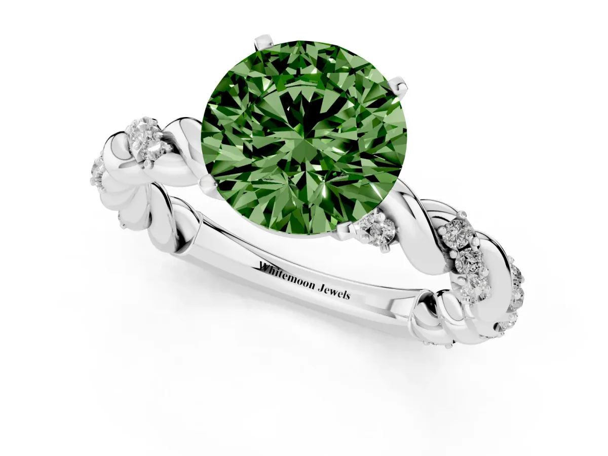Fancy Green Round Cut Diamond Solitaire Ring with Twisted Band and Pavé Accents Silver