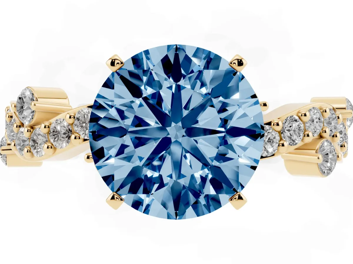Fancy Blue Round Cut Cut Solitaire Diamond Twisted Band with Pave Setting Yellow gold