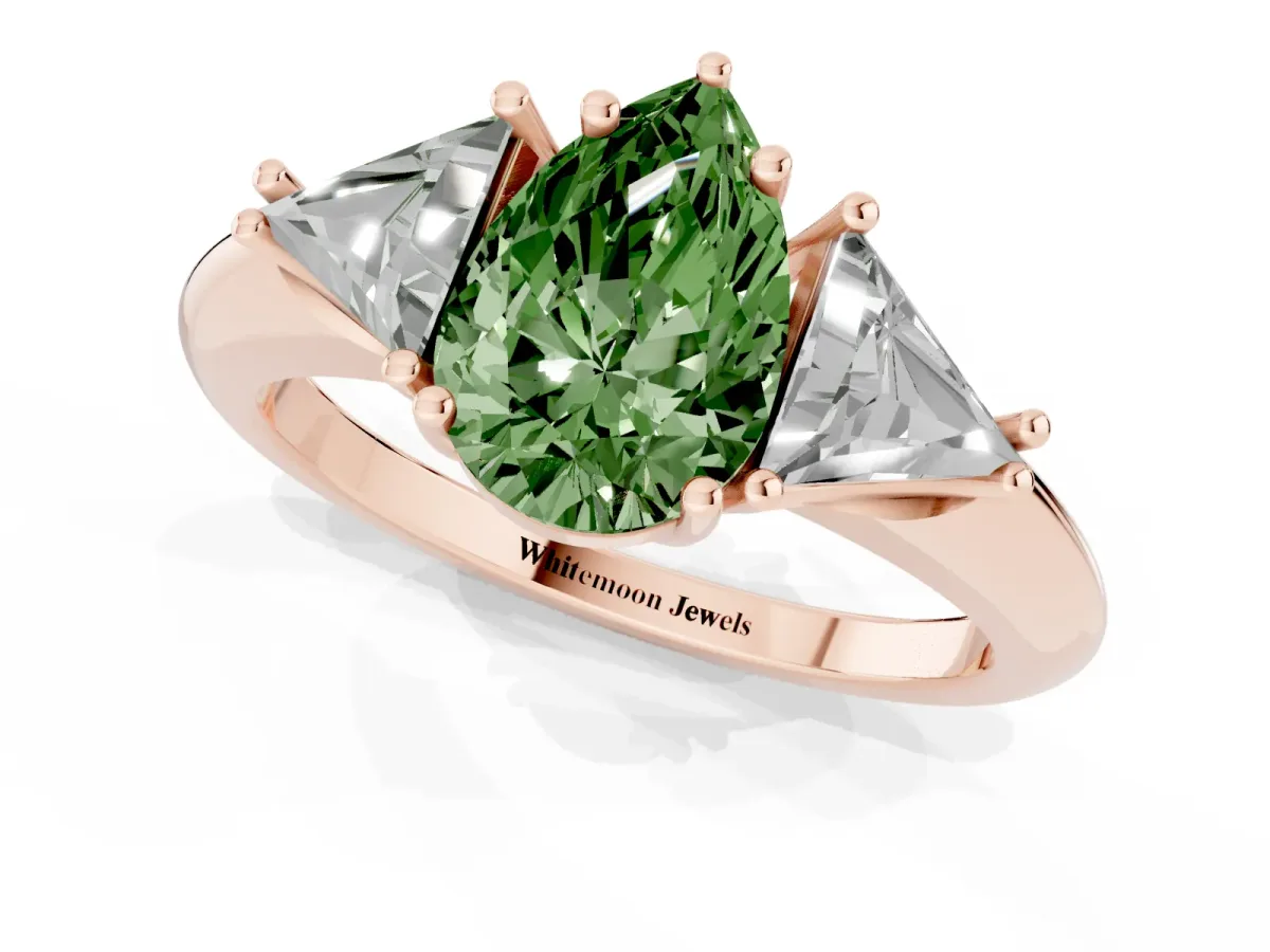 Fancy Green Three-Stone Pear Cut Diamond Engagement Ring with Trillion Side Stones and Prong Setting Rose gold