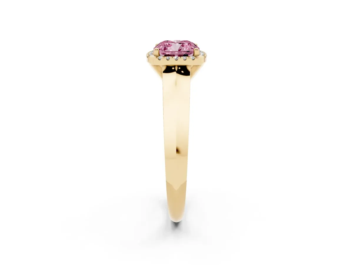 Fancy Pink Cushion Cut Halo Diamond Ring with Cathedral Band and Four-Prong Setting Yellow gold