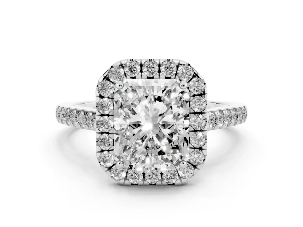 Radiant Cut Halo Pavé Diamond Engagement Ring with Four-Prong Setting Silver