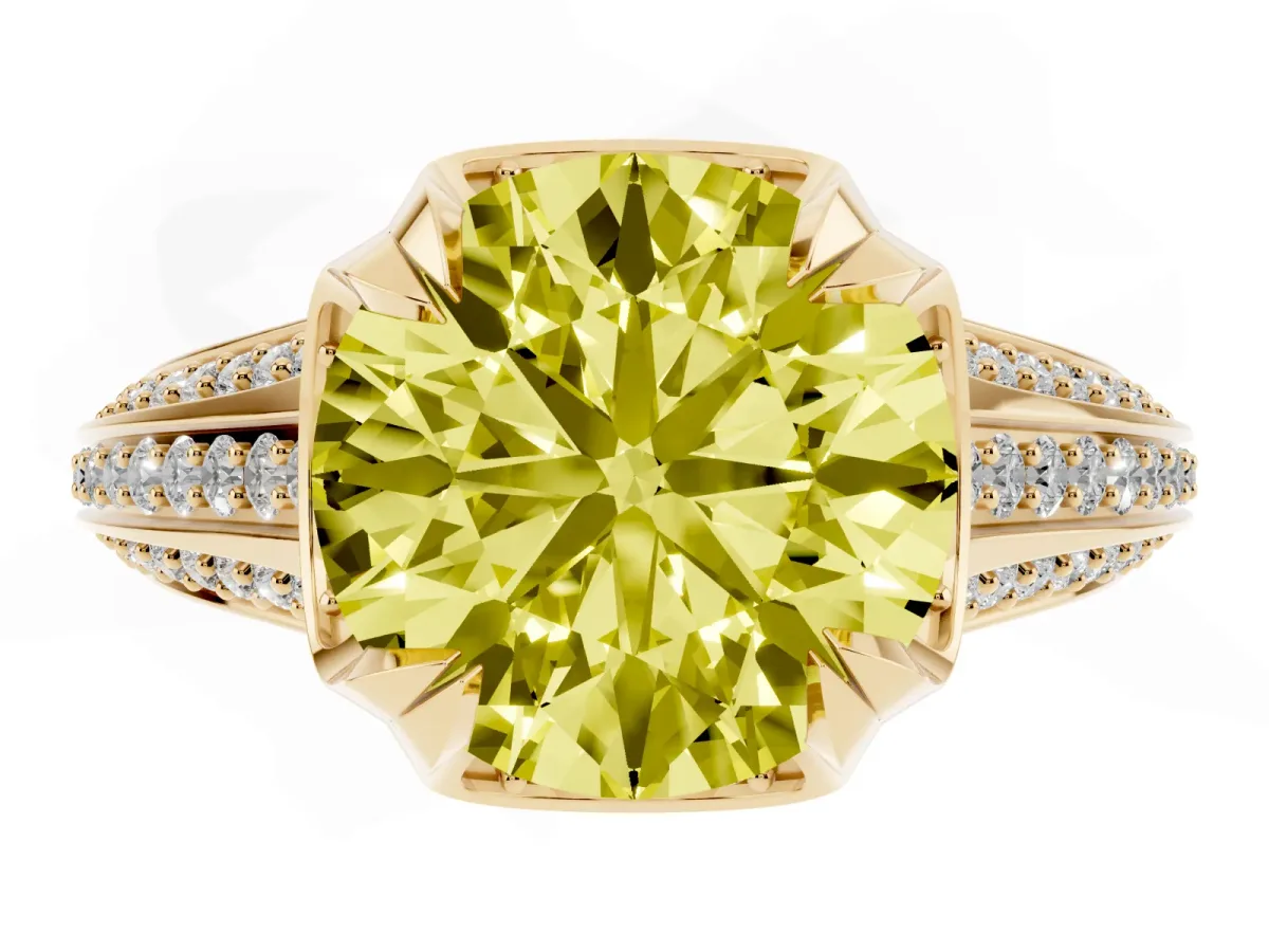 Fancy Yellow Round Cut Solitaire Pave Split Shank Ring with Four-Prong Setting Yellow gold