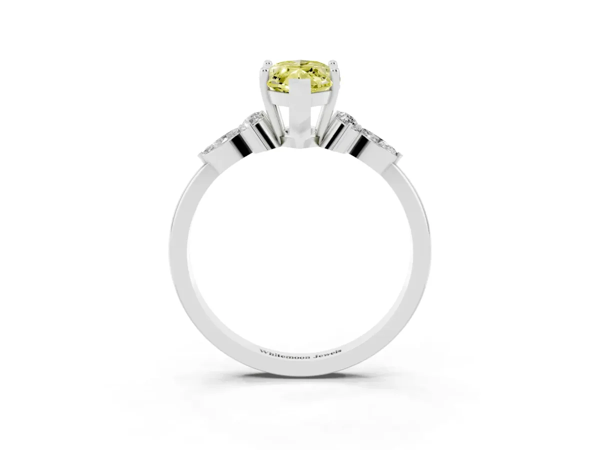 Fancy Yellow Marquise Cut Brilliant Diamond Solitaire Ring with Pear Side Stones and Four-Prong Setting White gold