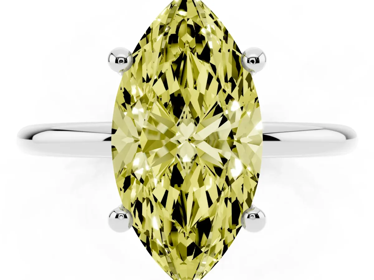 Fancy Yellow Marquise Cut Solitaire Diamond Ring with 4-Prong Setting on a Classic Band Silver