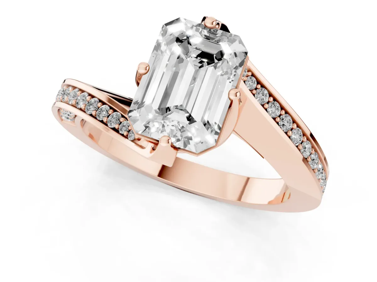 Emerald Cut Solitaire Diamond Twist Band with Pavé Setting and Four-Prong Setting Rose gold