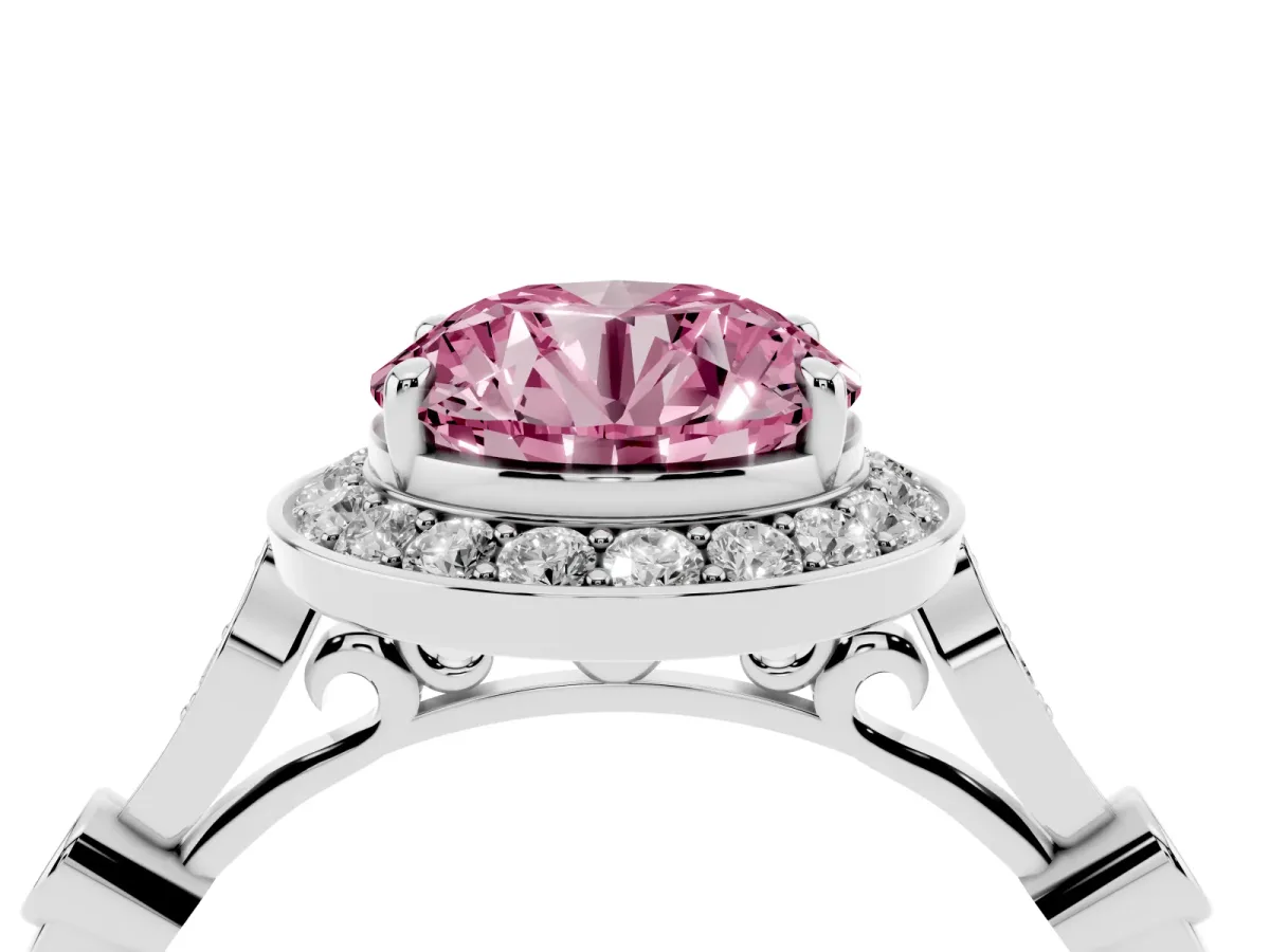 Fancy Pink Round Cut Halo Diamond Engagement Ring with Twisted Band and Four-Prong Setting Platinum