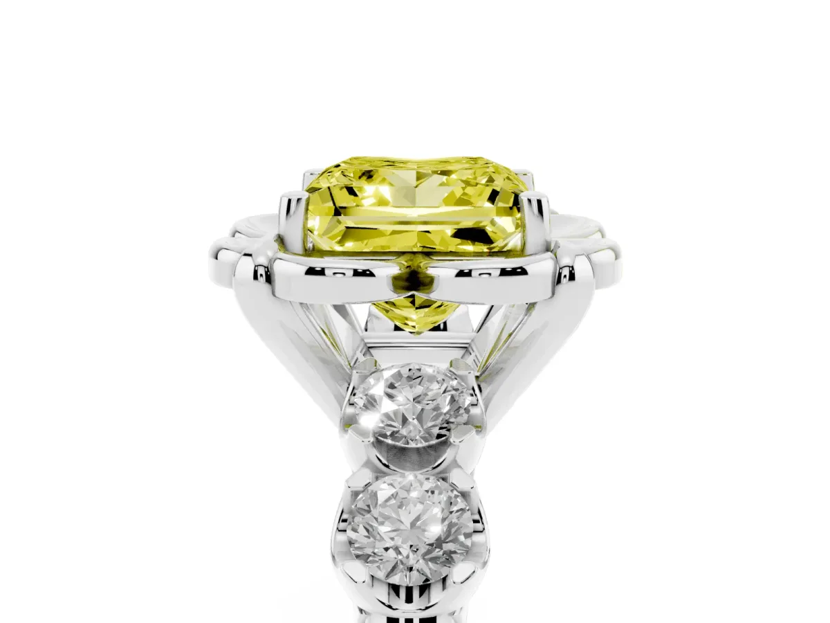 Fancy Yellow Princess Cut Cut Diamond Floral Halo Engagement Ring with Shared Prong Setting Platinum