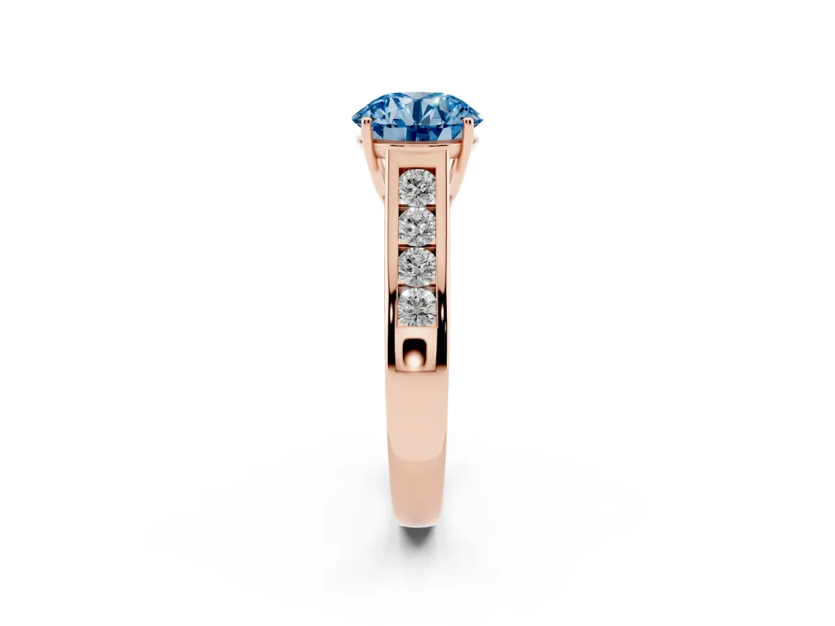 Fancy Blue Round Cut Solitaire Channel-Set Diamond Engagement Ring with Four-Prong Setting Rose gold