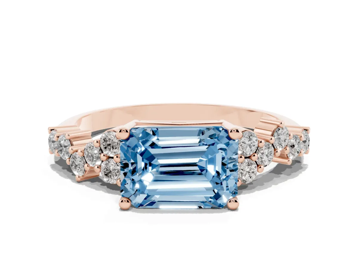 Fancy Blue Emerald Cut Diamond Scattered Round Accent Ring with Prong Setting Rose gold