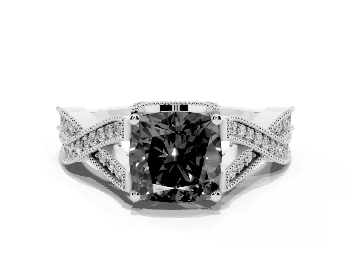 Fancy Black Cushion Cut Cut Diamond Twisted Band with Milgrain Pave Setting and Four-Prong Setting Silver