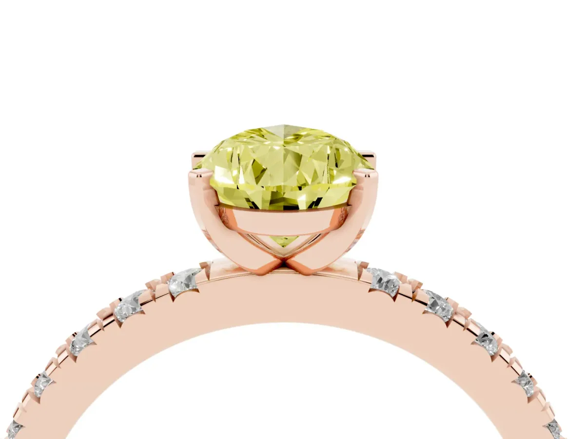 Fancy Yellow Pear Cut Diamond Pavé Band Solitaire with Four-Prong Setting Rose gold
