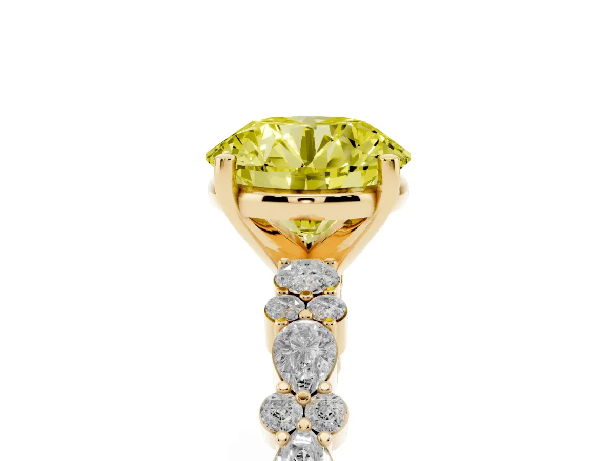 Fancy Yellow Round Cut Diamond Side Stone Solitaire Ring with Round and Four-Prong Setting Yellow gold