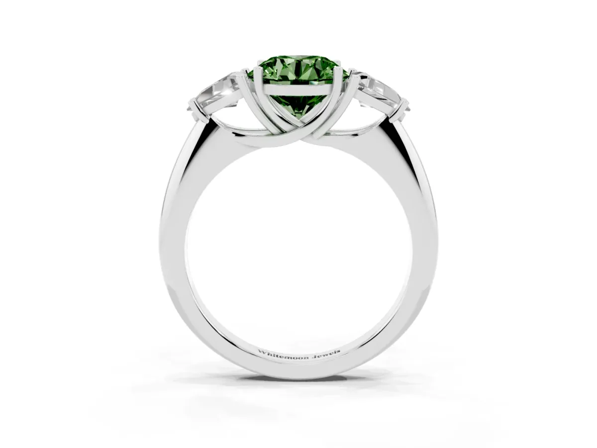 Fancy Green Three-Stone Round Cut Diamond Engagement Ring with Trillion Side Stones and Prong Setting Silver