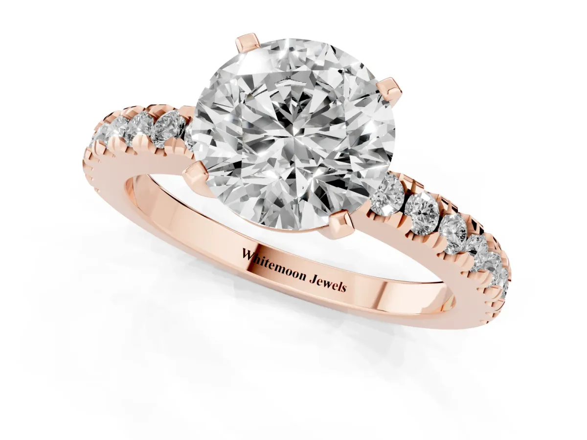 Round Cut Solitaire Diamond with Pavé Band and Four-Prong Setting Rose gold