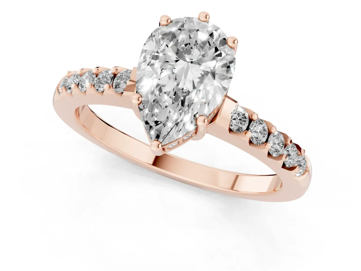 Pear Cut Solitaire Diamond Engagement Ring with Pavé Band and Six-Prong Setting Rose gold