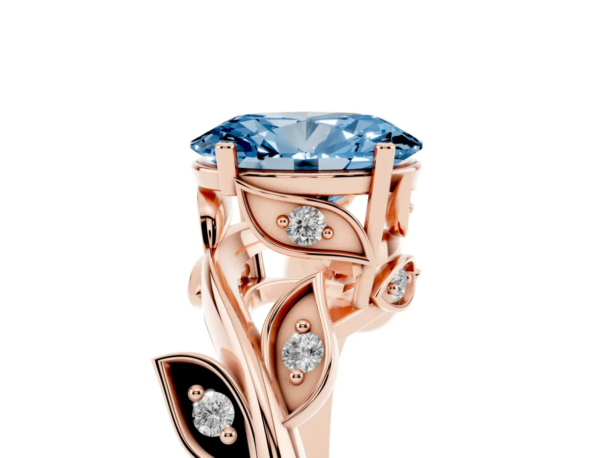 Fancy Blue Oval Cut Solitaire Twist Engagement Ring with Leaf Accents and Prong Setting Rose gold