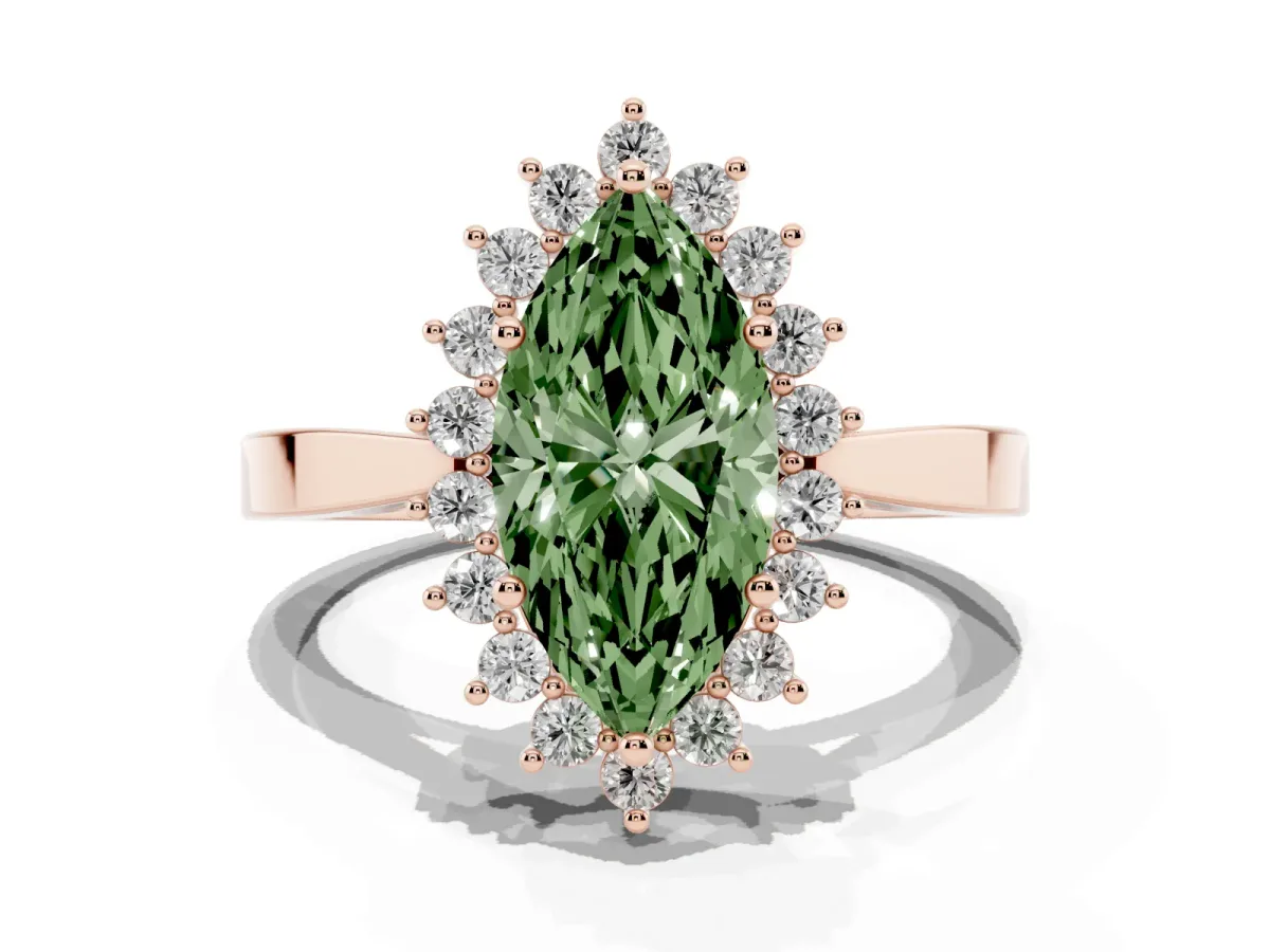 Fancy Green Marquise Cut Cut Diamond Halo Ring with Round Brilliant Halo and Solitaire Band Rose gold