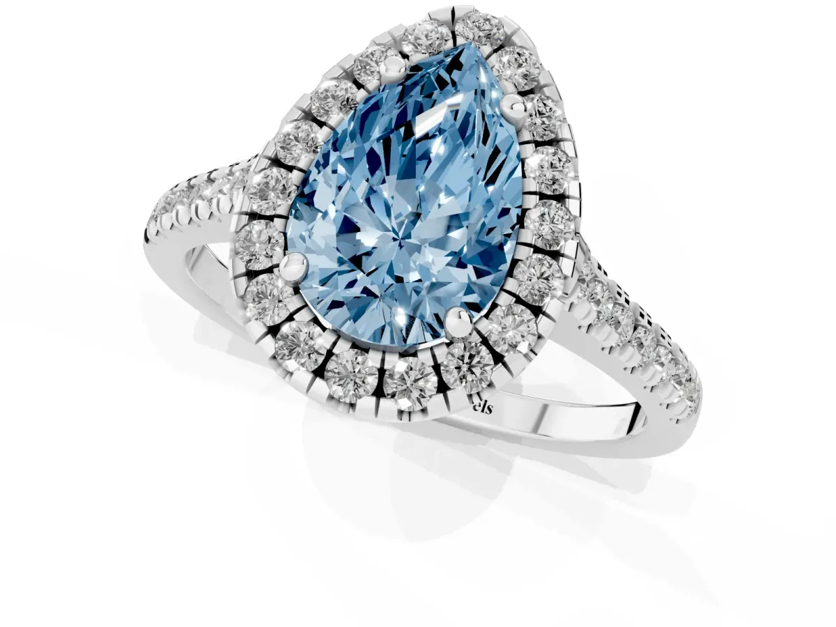 Fancy Blue Pear Cut Diamond Cushion Halo Ring with Pavé Band Silver