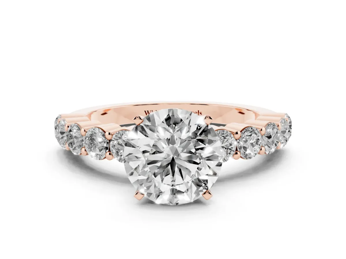 Round Cut Diamond Solitaire Ring with Shared Prong Round Side Stones Rose gold