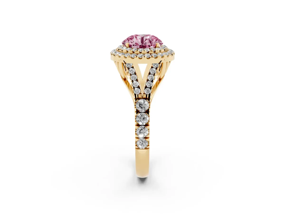 Fancy Pink Round Cut Cut Double Halo Split Shank Diamond Ring with Prong Setting Yellow gold