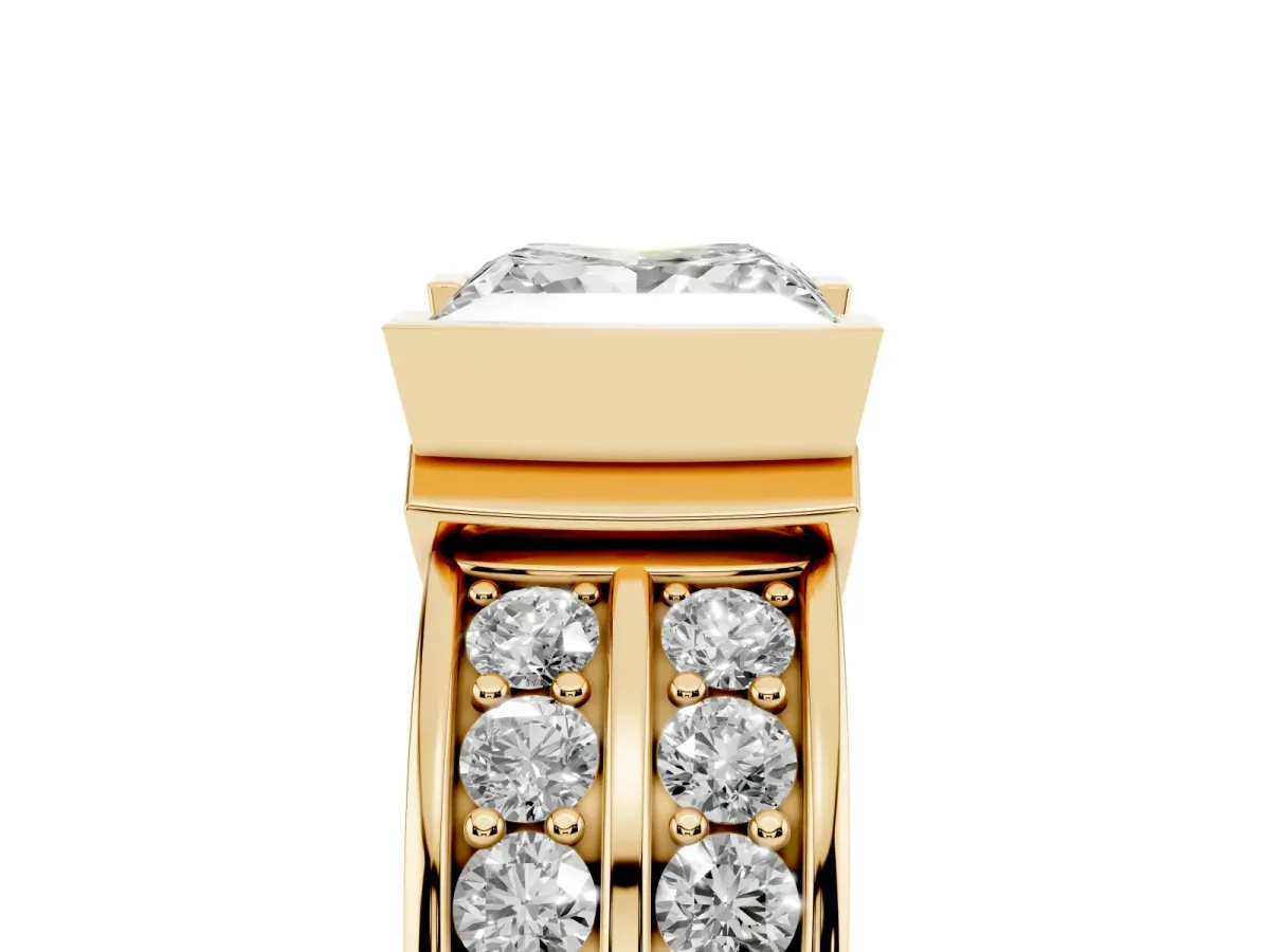 Princess Cut Brilliant Diamond Channel Set Wide Band Ring with Bezel Setting Yellow gold
