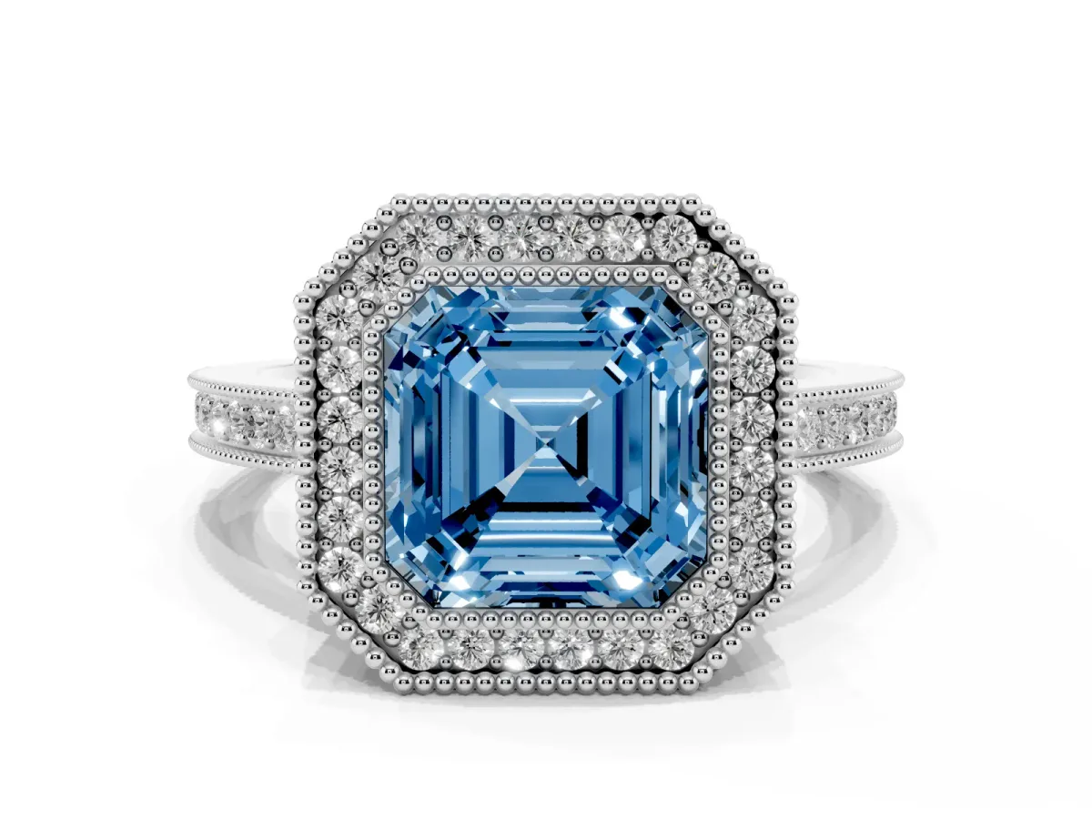 Fancy Blue Asscher Cut Cut Halo Diamond Ring with Pavé Band and Milgrain Prong Setting Silver