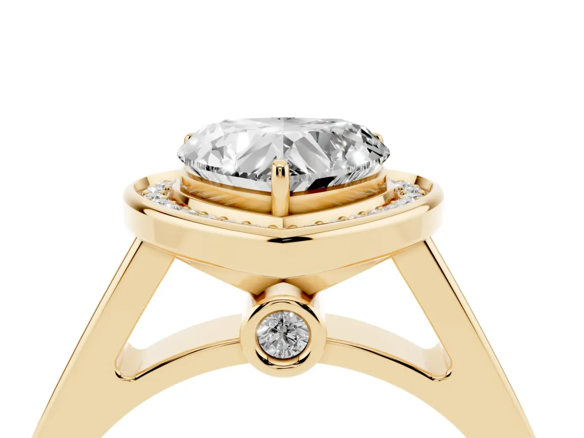 Heart Cut Halo Solitaire Diamond Ring with Pave Band and Bezel Setting Yellow gold