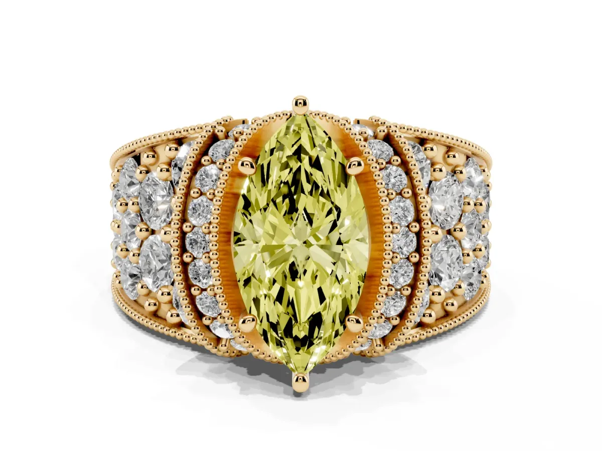 Fancy Yellow Marquise Cut Halo Pave Diamond Engagement Ring with Milgrain Detailing Yellow gold
