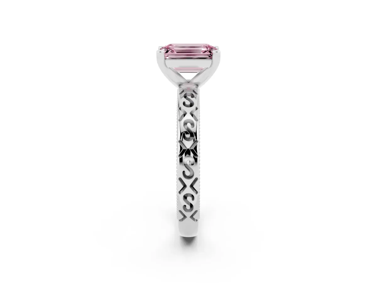 Fancy Pink Emerald Cut Solitaire Engagement Ring with Scrollwork Band and Four-Prong Setting White gold