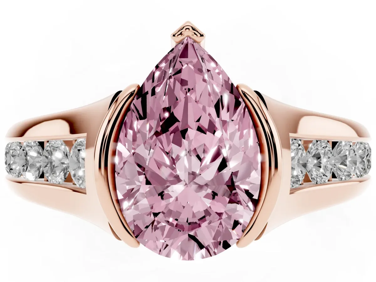 Fancy Pink Pear Cut Solitaire Bezel-Set Diamond Ring with Channel-Set Band Rose gold