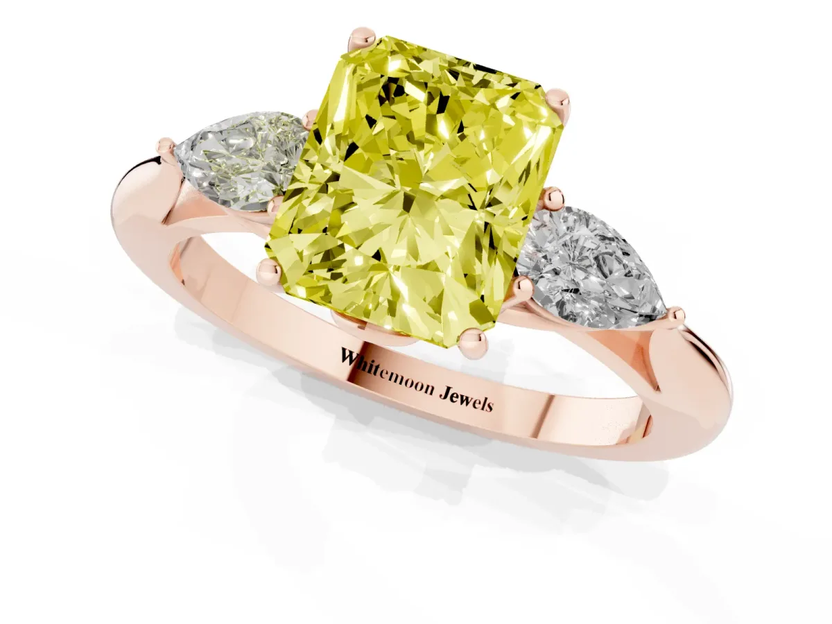 Fancy Yellow Three-Stone Radiant Cut Brilliant Diamond Solitaire Ring with Tapered Band and Four-Prong Setting Rose gold