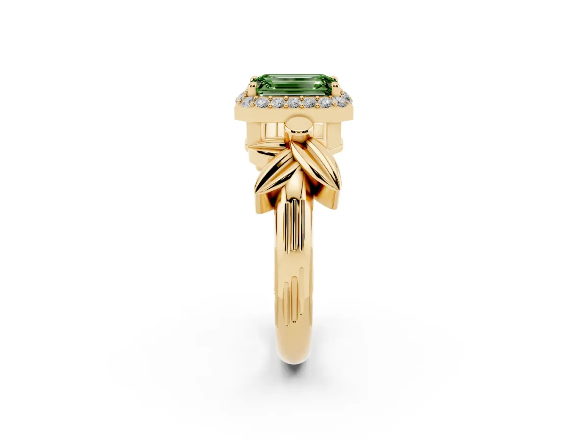 Fancy Green Emerald Cut Halo Diamond Floral Band with Four-Prong Setting Yellow gold