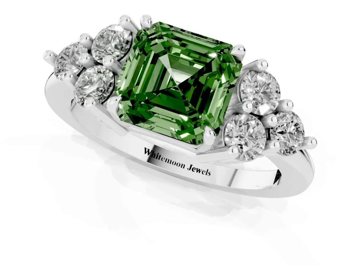Fancy Green Asscher Cut Brilliant Diamond Cluster Accent Solitaire Ring with Prong Setting Platinum