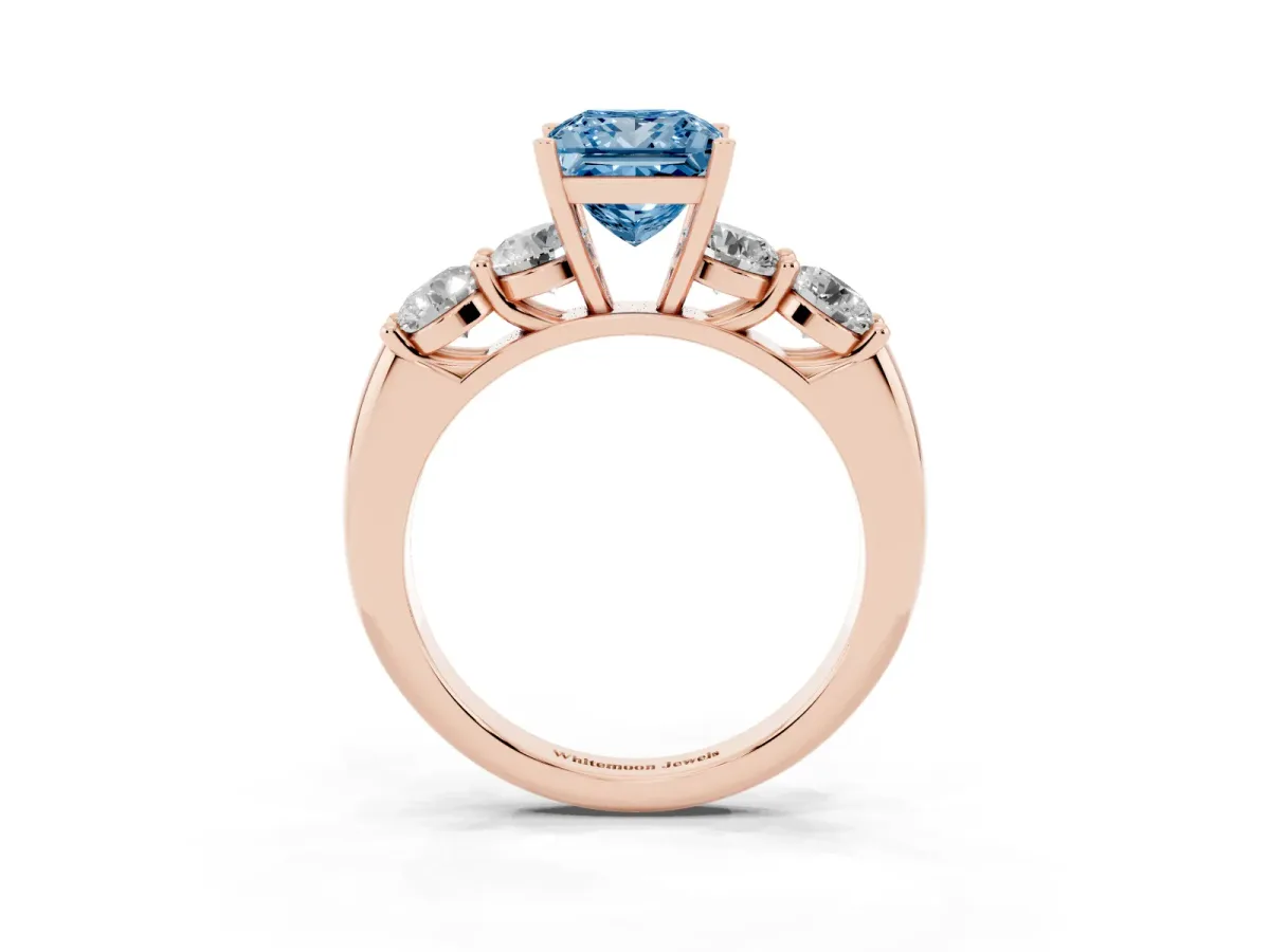 Fancy Blue Princess Cut Cut Five-Stone Prong Set Diamond Ring with Classic Band Rose gold