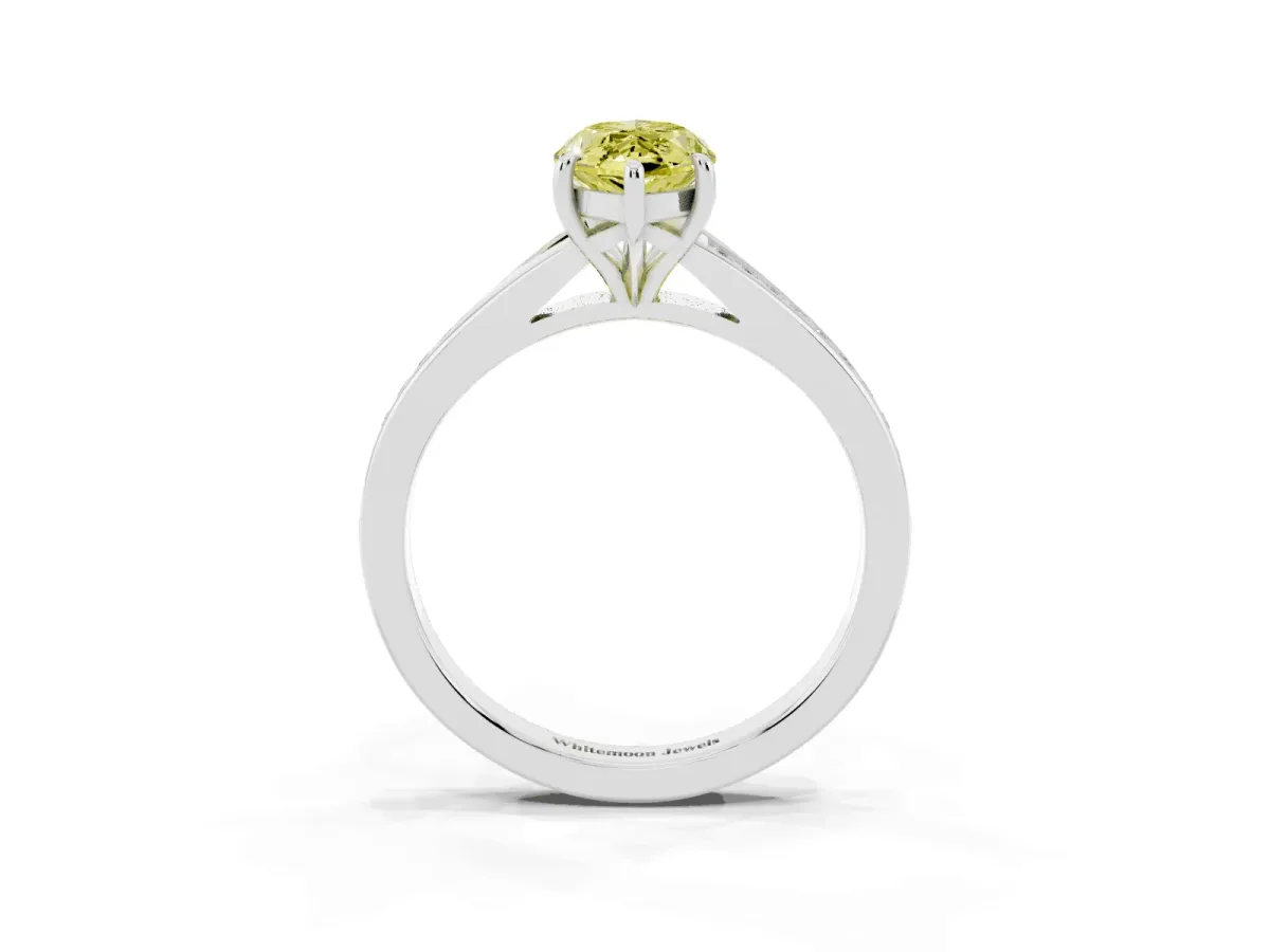 Fancy Yellow Marquise Cut Diamond Solitaire Ring with Pavé Band and Prong Setting Silver