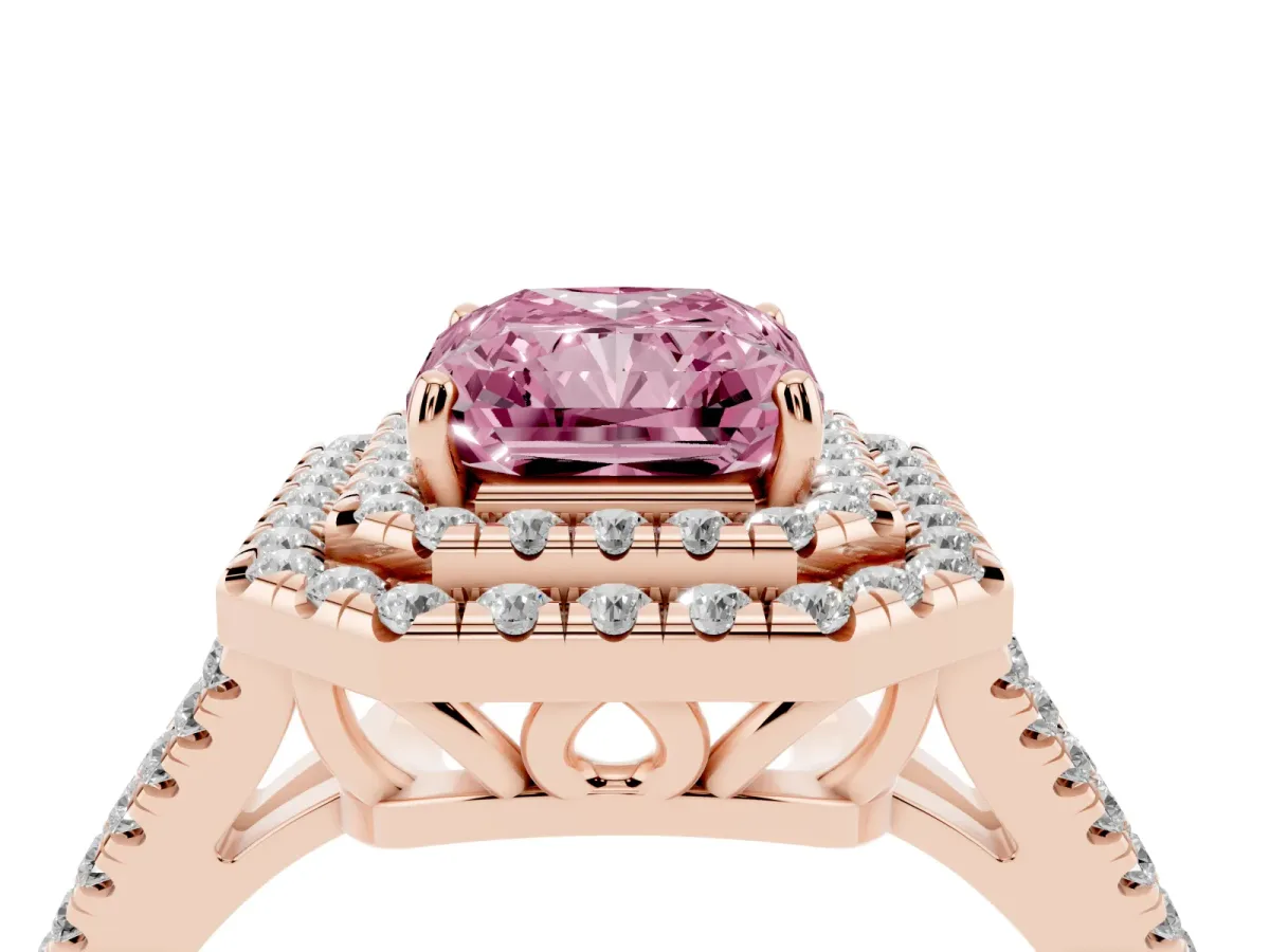 Fancy Pink Radiant Cut Diamond Double Halo Ring with Pavé Band and Prong Setting Rose gold