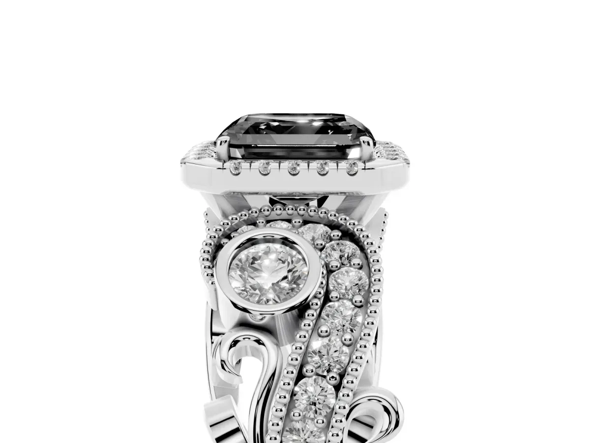 Fancy Black Asscher Cut Halo Diamond Ring with Milgrain and Bezel Accents on a Split Shank Band Platinum