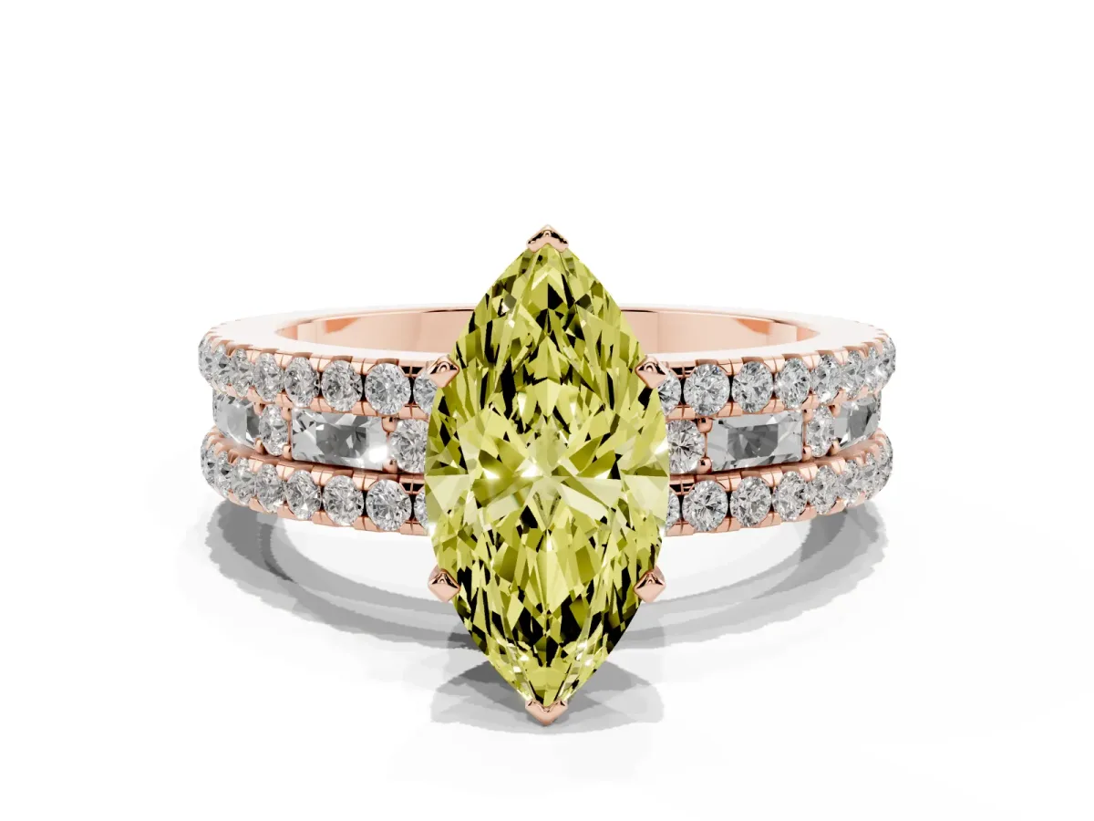 Fancy Yellow Marquise Cut Diamond Solitaire Ring with Pavé and Channel Set Band Rose gold