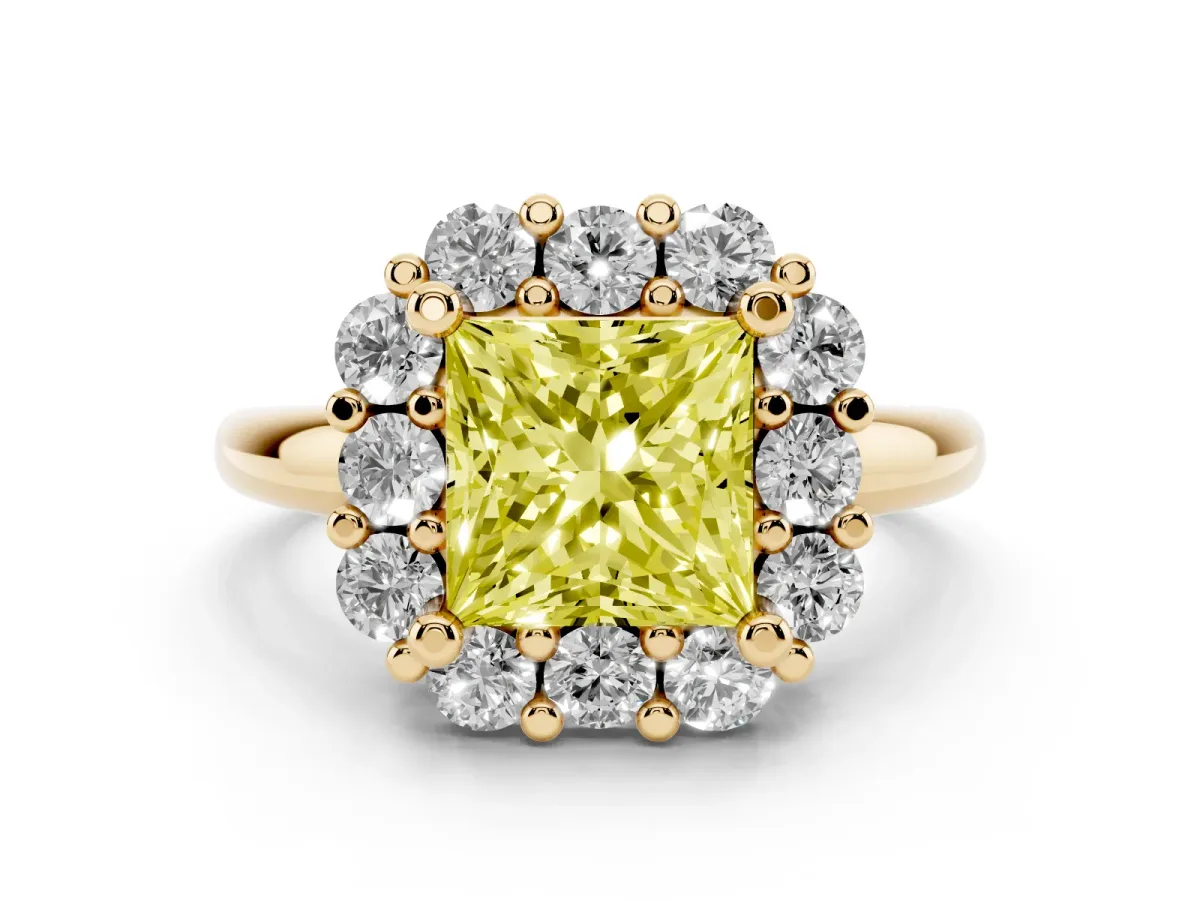 Fancy Yellow Princess Cut Halo Cluster Diamond Engagement Ring with Prong Setting and Polished Band Yellow gold