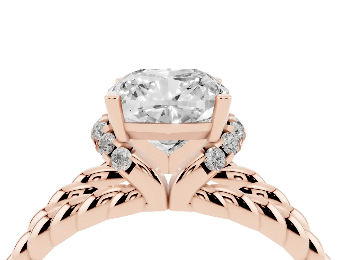 Cushion Cut Halo Twisted Band Four-Prong Ring Rose gold