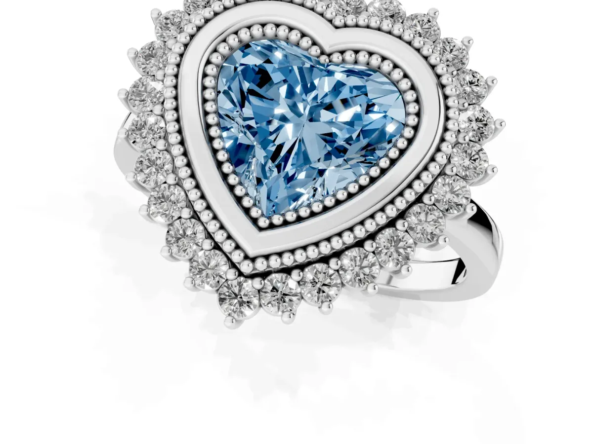 Fancy Blue Heart Cut Halo Diamond Ring with Milgrain Edge and Round Prong Setting Silver