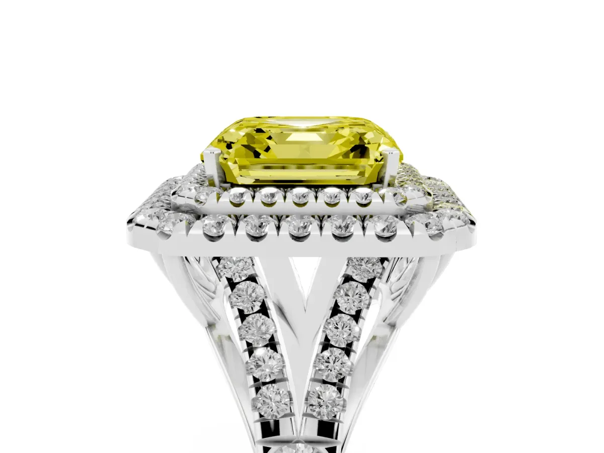 Fancy Yellow Asscher Cut Cut Double Halo Split Shank Diamond Ring with Prong Setting Platinum
