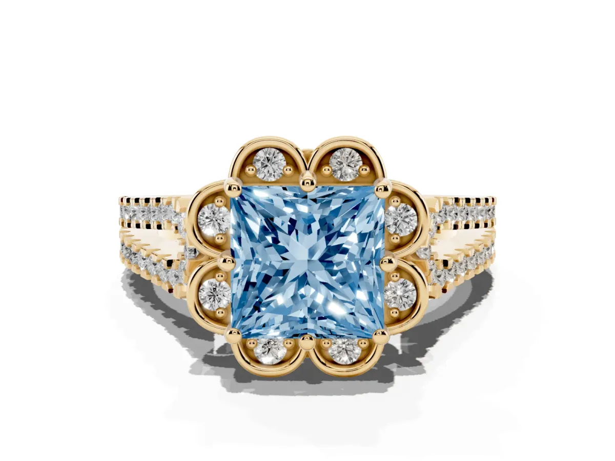 Fancy Blue Princess Cut Halo Diamond Floral Split Shank Engagement Ring Yellow gold