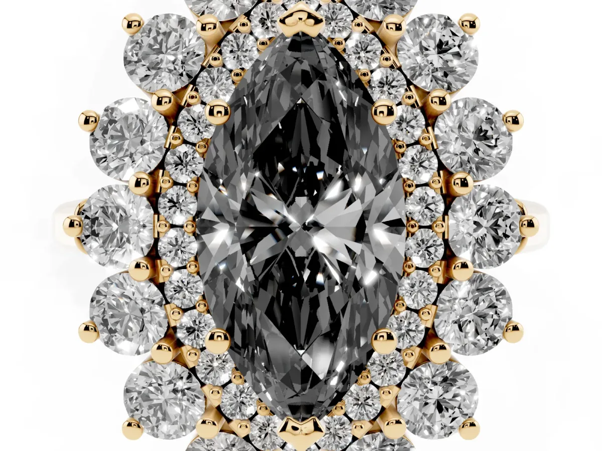 Fancy Black Marquise Cut Diamond Floral Double Halo Engagement Ring with Prong Setting Yellow gold