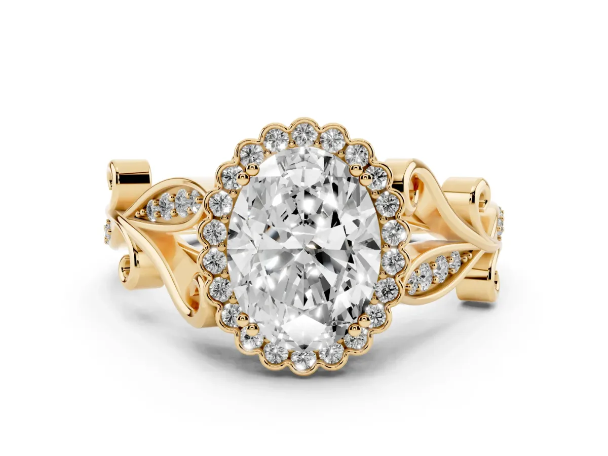 Oval Cut Diamond Halo Ring with Vintage Split Shank and Four-Prong Setting Yellow gold
