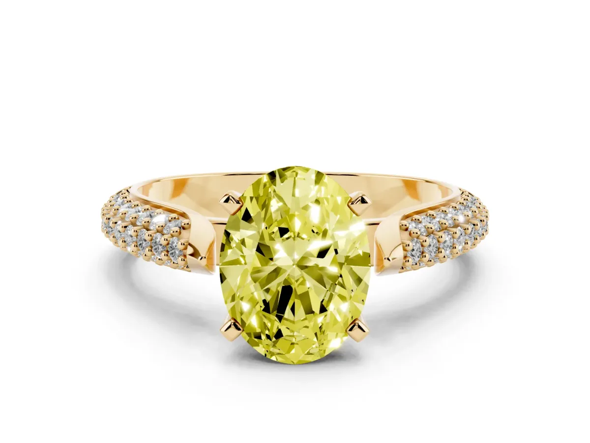 Fancy Yellow Oval Cut Diamond Solitaire Engagement Ring with Multi-Row Round Pavé Band and Prong Setting Yellow gold