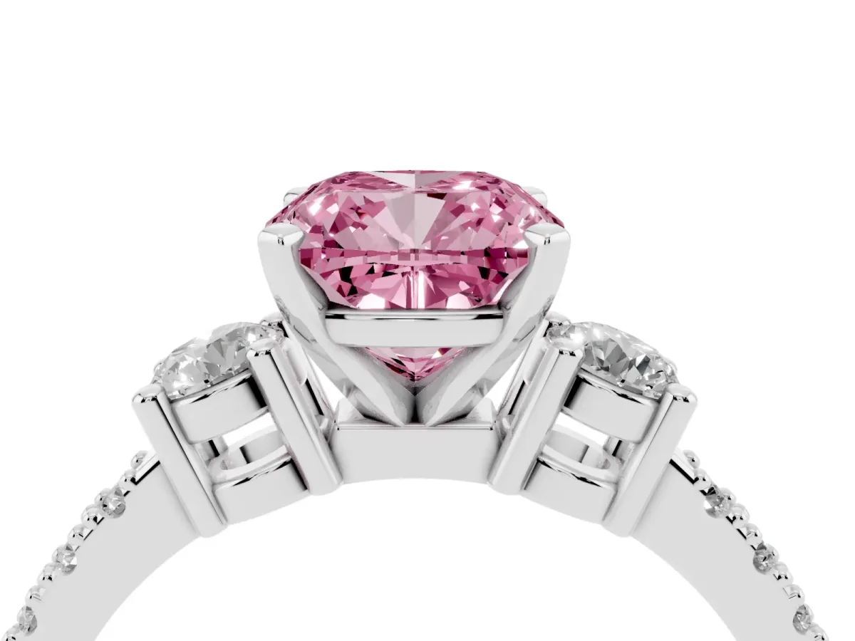 Fancy Pink Cushion Cut Three-Stone Diamond Pavé Band with Prong Setting White gold