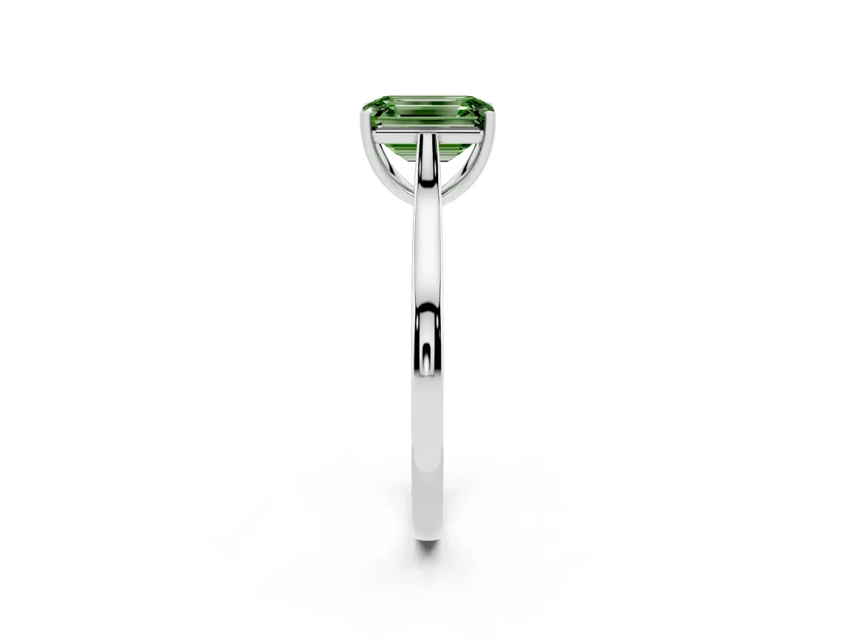 Fancy Green Emerald Cut Solitaire Heart Prong Engagement Ring with Tapered Band White gold